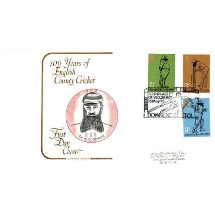 1973 100 Years of English Cricket, Birth Place of W G Grace Postmark, UK, FDC