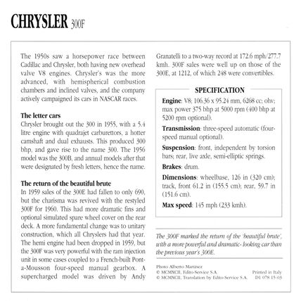 Collectors Club card. Classic Cars. Chrysler 300F