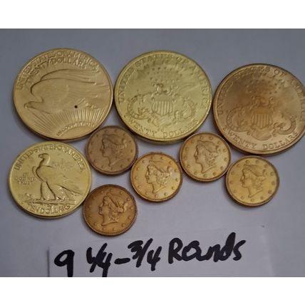 9 Golden Coin Reproduction Coins 1/4 to 3/4 Rounds BU Mint US Lot 1849-1933