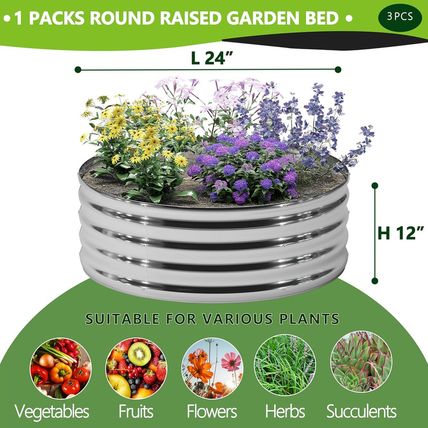 3PCS 2X2X1Ft Galvanized Raised Garden Bed Kit,Vegetable Boxes-Round Metal Flower