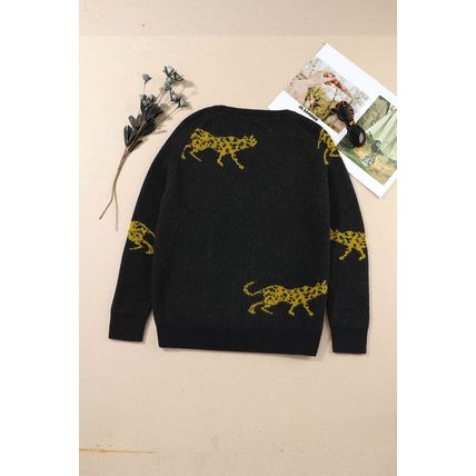 Black Cheetah Pattern Knit Round Neck Sweater