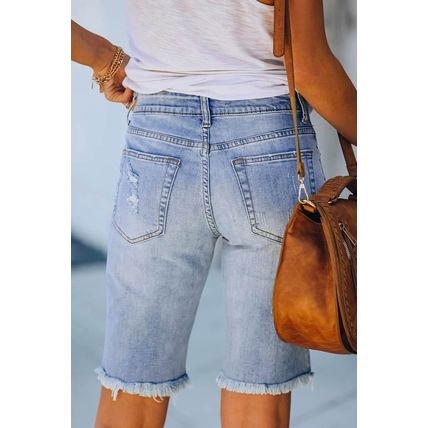 Sky Blue Flower Leopard Patchwork Slim Fit Distressed Denim Shorts