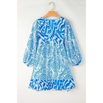 Sky Blue Bohemian Print Puff Sleeve Tied V Neck Flared Mini Dress