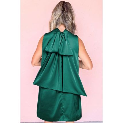 Evergreen Bow Tie Satin Shift Sleeveless Mini Dress