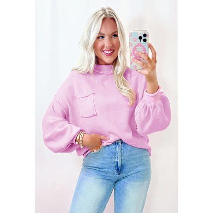 Pink Raw Edge Ribbed Detail Drop Shoulder Sweater