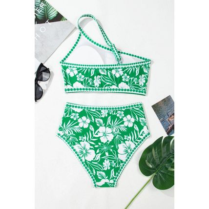 Green Floral Print One Shoulder High Waist Bikini Set