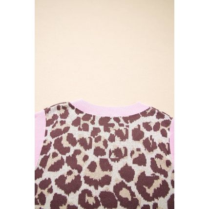 Brown Leopard Pattern Contrast Ribbed Trim Sweater Vest