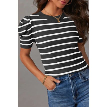 White Stripe Ribbed Trim Round Neck Bubble Sleeve Knitted Top