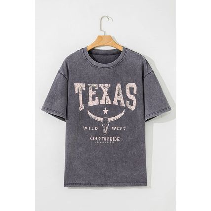 Medium Grey TEXAS Steer Head Graphic Mineral Wash Oversized T Shirt