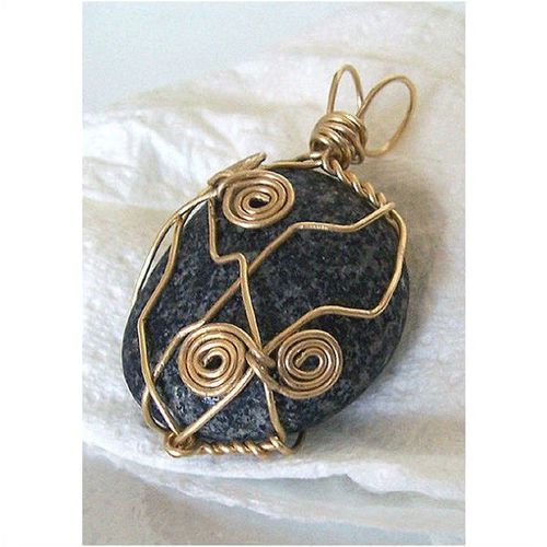 Pendant #012 metal wire wrap black speckle stone 2 inch x 1 inch costume jewelry
