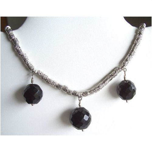 Necklace silver & fire polished faceted black beads 17.75 inch chunky fashion