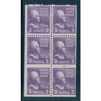807 3c Thomas Jefferson Fine MLH Pane/6 C3366
