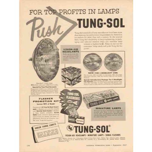 TUNG-SOL ELECTRIC INC 1957 top profit Vision-Aid headlamps vintage ad