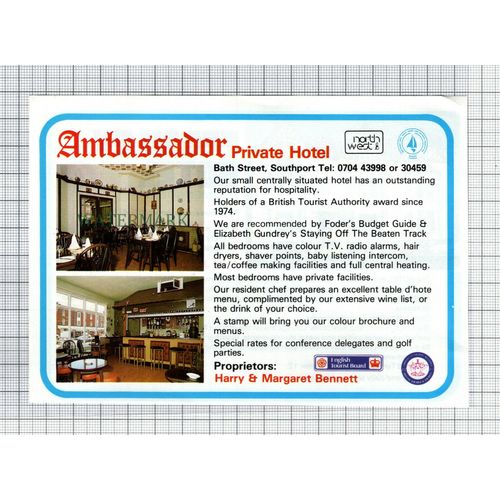 C7655) Fernley Hotel Southport / Ambassador Harry Margaret Bennett -1986 Advert