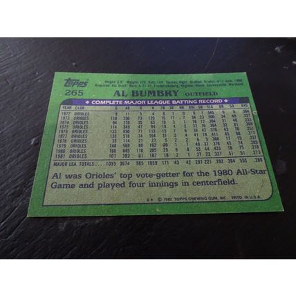 1982 Topps Card # 265A Al Bumbry Excellent-Mint (6) Baltimore Orioles