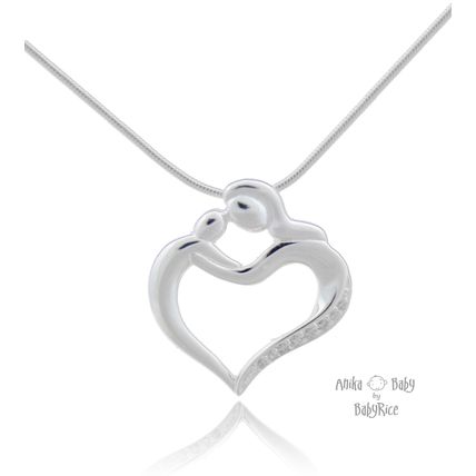 New Sterling Silver CZ Mother Child Heart Pendant Necklace Birthday Mother's Day