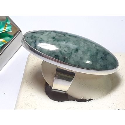 Estate Large elongated Oval Green/White Agate Sterling Silver Bezel Ring #18703