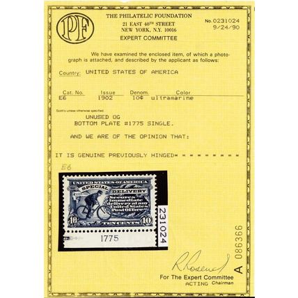 E6, Mint XF LH 10¢ PL# PFC Certificate * Stuart Katz
