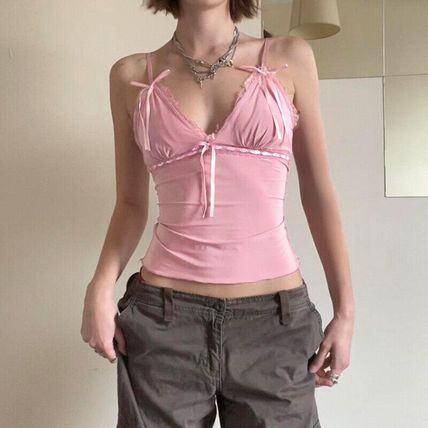 Ribbons Bow Patchwork Lace Crop Top Pink Coquette Aesthetic Slim-fit V-neck