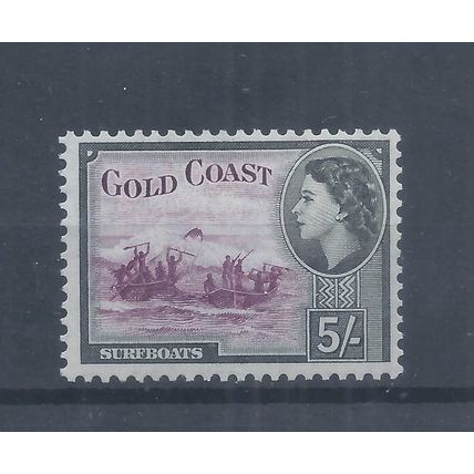 Gold Coast Stamps 1952 (1954) QEII 5s MH SG 163 Surfboats CV £30 (AJ462)