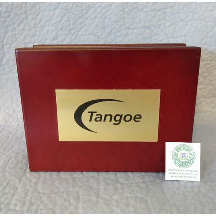 MAHOGANY COLORED HINGED BOX with TANGOE PLAQUE and GREEN FELT LINING