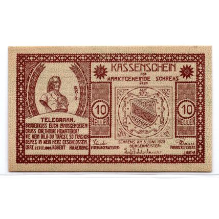 1920 Austria Schrems Notgeld 10 Heller Note (1334)