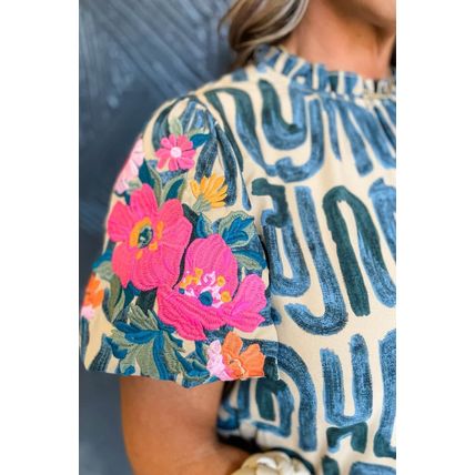 Beige Embroidered Puff Sleeve Frilled Neck Printed Top