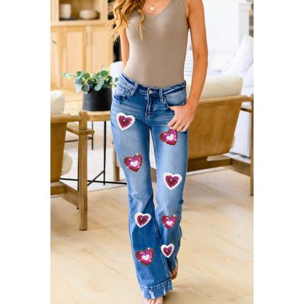 Sky Blue Sequin Heart Shape Patched Distressed Flare Jeans