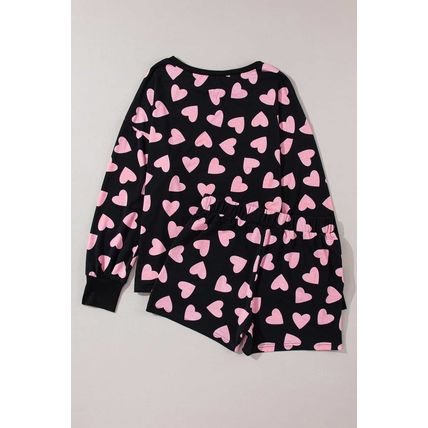 Black Valentine Heart Shape Print Long Sleeve Top Shorts Lounge Set