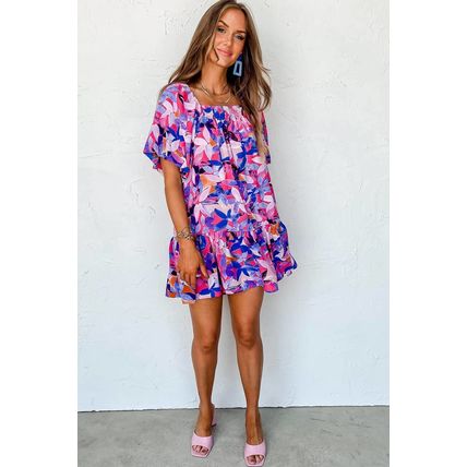 Purple Flower Print Short Puff Sleeve Ruffled Dress