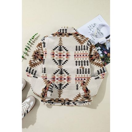 Beige Aztec Printed Stand Neck Zip Up Jacket