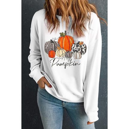 Beige Rhinestone Pumpkin Graphic Crewneck Thanksgiving Sweatshirt