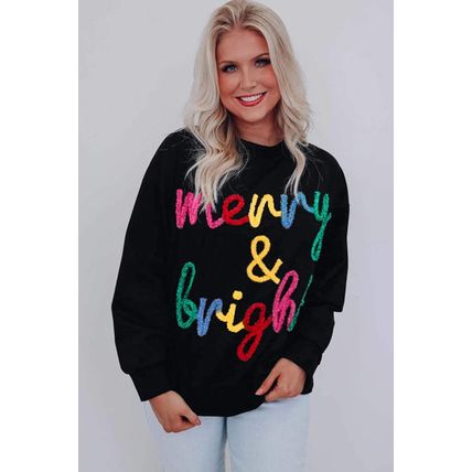 Black Colorful Merry & Bright Tinsel Graphic Sweater