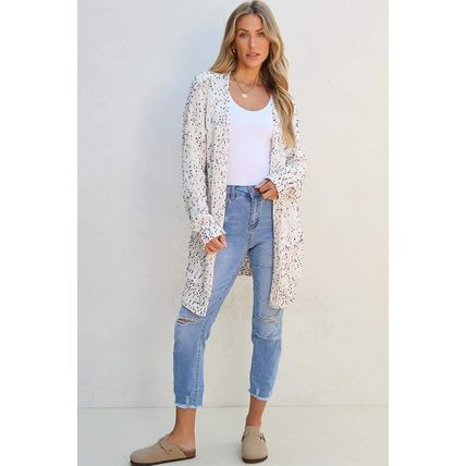 White Confetti Rib Knit Long Sleeve Cardigan