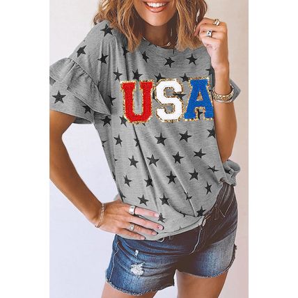Gray USA Letter Patched Star Printed Ruffle Trim Sleeves Loose Tee