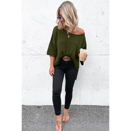 Green Textured Knit Drop Shoulder Short Sleeve Sweater