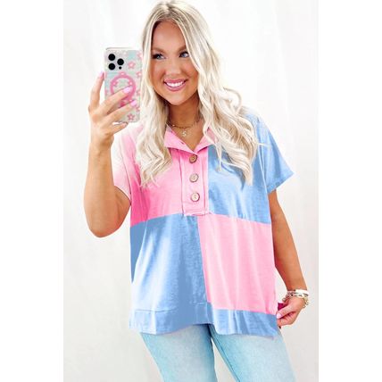 Myosotis Two Tone Half Buttons Collared T Shirt