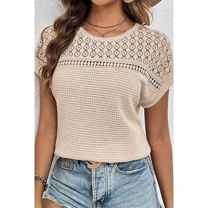 Oatmeal Lace Patchwork Waffle Short Sleeve Top