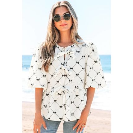 White Bowknot Print Front Knots Bubble Sleeve Blouse