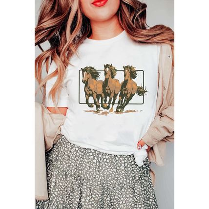 White Texas Horse Graphic Cuffed Sleeve Graphic T Shirt