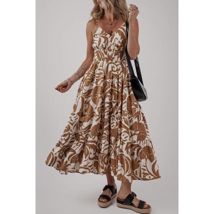 Khaki Floral Shirred High Waist Spaghetti Straps Maxi Dress