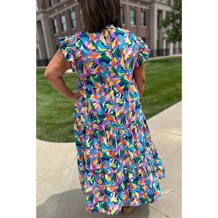 Blue Geometric Print Ruffled Short Sleeve Plus Size Tiered Maxi Dress