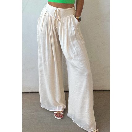 White Casual Tie Waist Pleated Wide Leg Pants