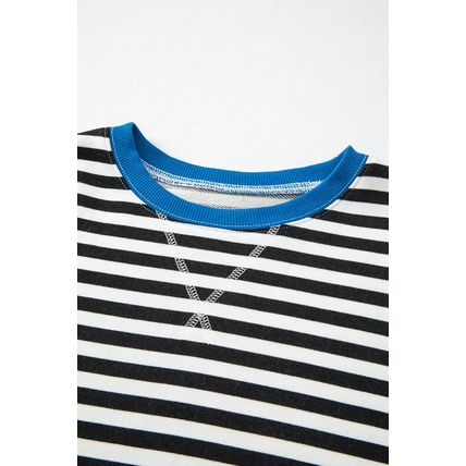 White Stripe Striped Contrast Ribbed Trim Crossed Stitch Drop Shoulder Sweatshir