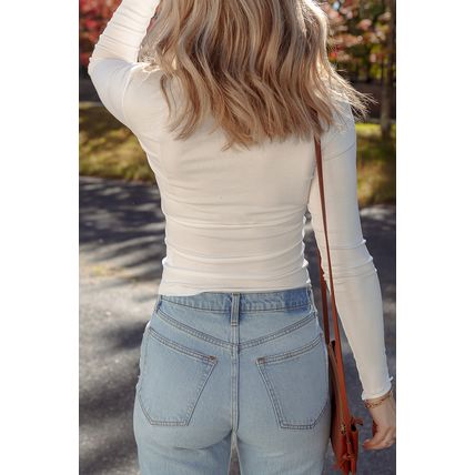 White Exposed Seam Ribbed Knit Slim Fit Long Sleeve Top