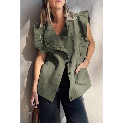 Green Bay Ruffled Patchwork Denim Jacket Vest