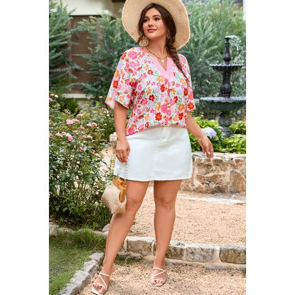 White Floral Split V Neck Wide Short Sleeve Plus Size Blouse Top