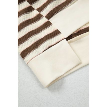 Khaki Stripe Stitched Detail Color Block Patchwork Oversized Pullover Top