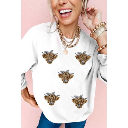 White Sequin Heifer Patched Drop Shoulder Sweatshirt