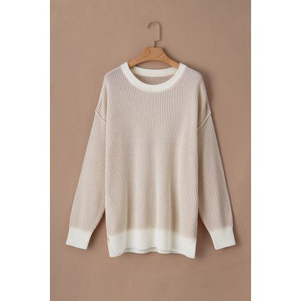 Brown Stripe Plus Size Contrast Trim Crew Neck Rib Knit Drop Shoulder Sweater